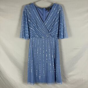 Adrianna Papell Studio Dress Women 2 Blue Faux Wrap Mini Sheath Bead Sequin READ